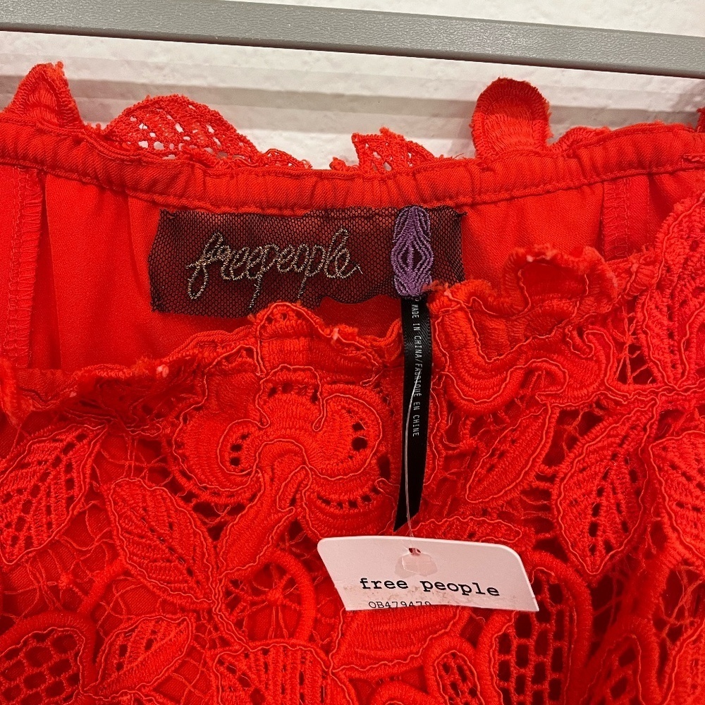 NWT FREE PEOPLE | Dusk Off The Shoulder Lace Dress in Fiesta Red | Size 8 - Picture 8 of 11